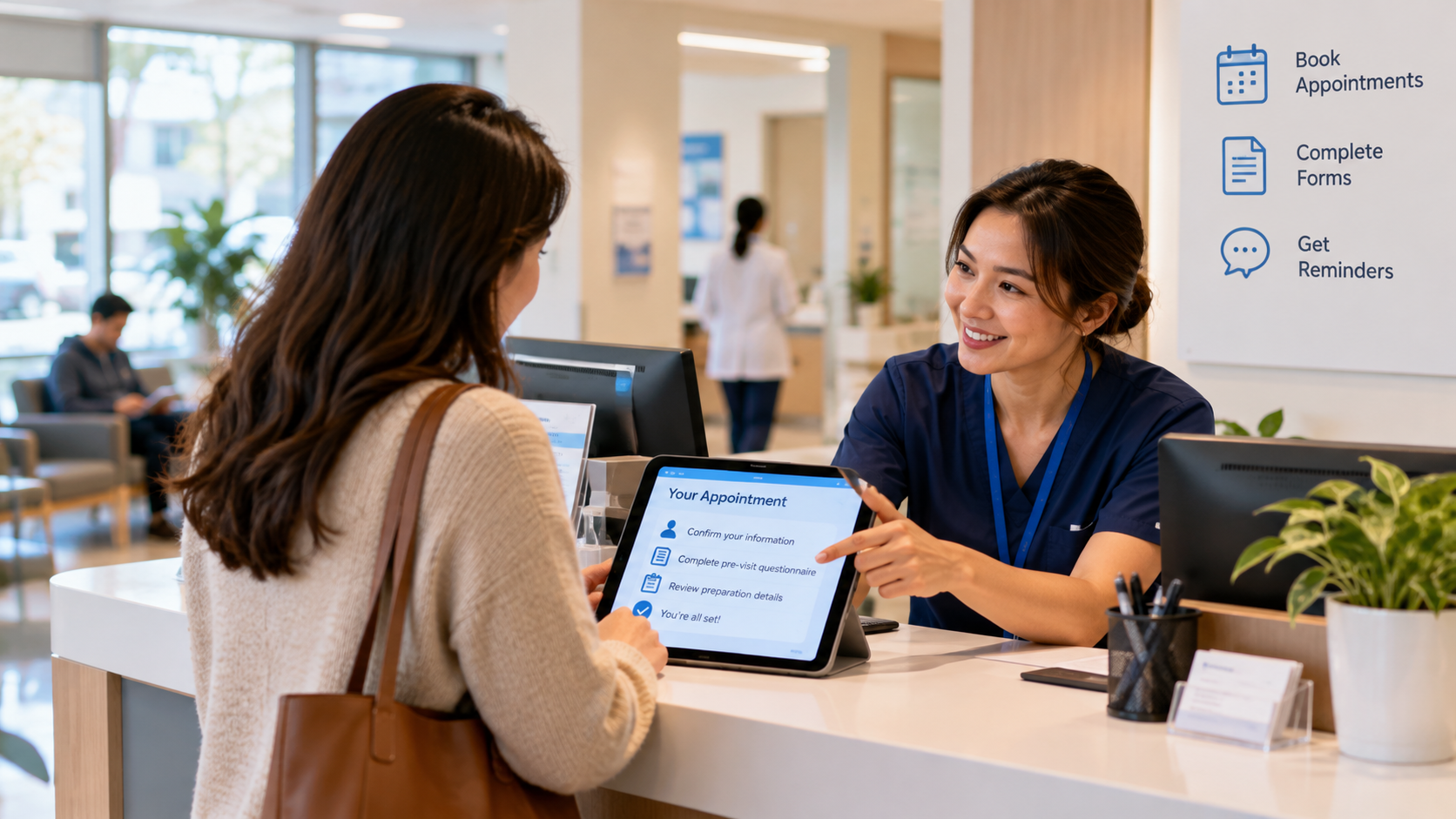 A clinic staff member helps a patient review appointment information, pre-visit forms, and preparation details on a tablet at the reception desk.
