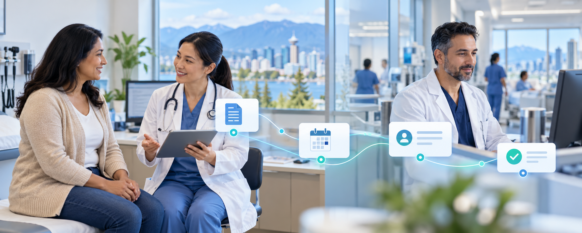 A patient and clinician in a clinic connected to a hospital clinician through digital referral, scheduling, patient information, and completion symbols.