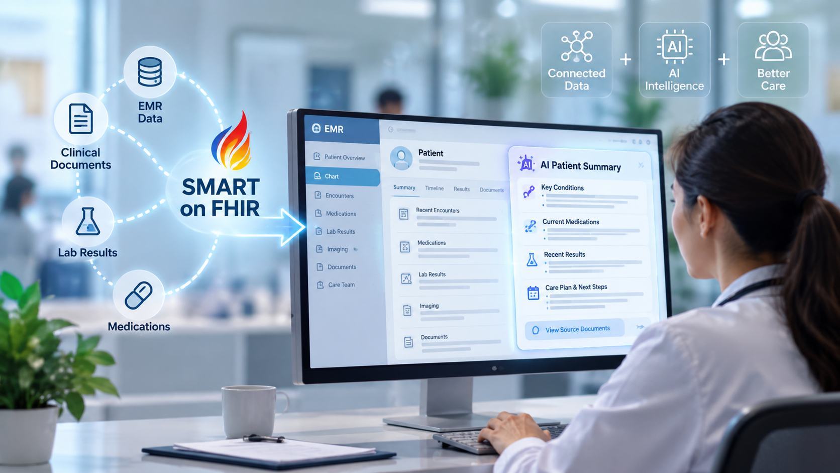 Clinician using an EMR with SMART on FHIR and an AI patient summary connected to EMR data, clinical documents, lab results, and medications.